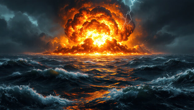 Nuclear explosion over ocean with mushroom cloud and lightning storm