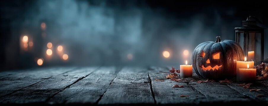 Spooky Halloween pumpkin jack-o'-lantern with glowing candles in eerie atmosphere - Powered by Adobe