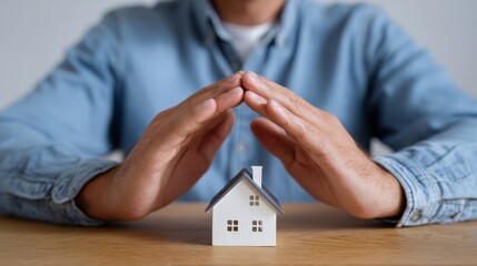 A close-up of a man protecting a miniature house with his hands, symbolizing security and homeownership.