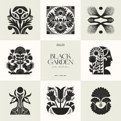 Black Garden – abstract botanical poster collection with stylized human and floral motifs in linocut-inspired symmetrical compositions