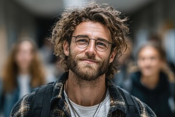 Smiling young man in glasses and plaid shirt with a backpack
