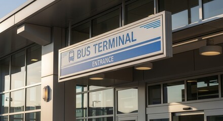 Modern Bus Terminal Entrance Signage Depicting Transportation Hub and Public Transit