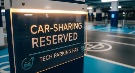 Modern Car-Sharing Reserved Parking Spot With Illuminated Signage in Tech Hub Garage