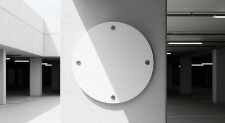 Minimalist Circular Sign on Concrete Pillar in Contemporary, Modern Industrial Parking