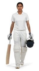 Female cricket player in white uniform walking holding helmet and bat, isolated