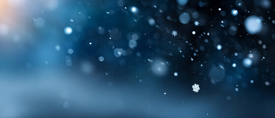 Obraz premium Close-up of delicate snowflakes falling against a dark blue blurred background with bokeh light effects and soft glowing highlights