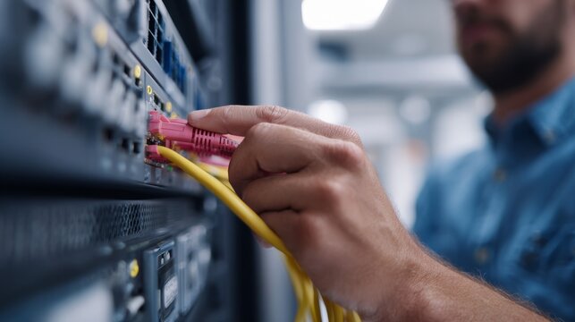 A male technician connects network cables in a server room, showcasing attention to detail and technical skill. - Powered by Adobe