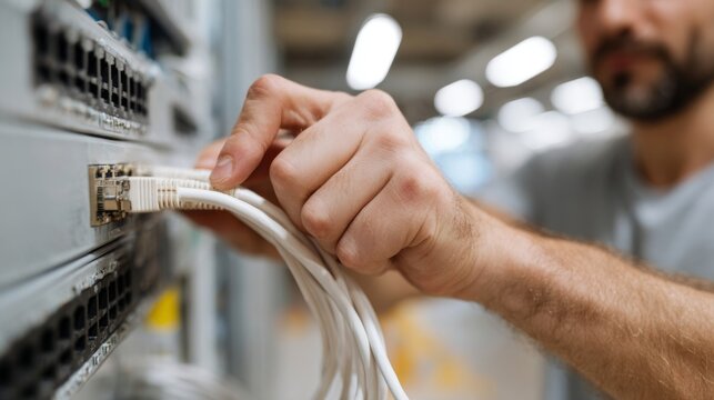 A focused male technician connects network cables in a data center environment, showcasing hands-on technical skills.