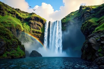 Fototapeta premium Majestic Kauai waterfall, vibrant rainbow, bird silhouette overhead , photography, vibrant