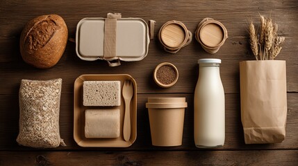 Fresh food ingredients and packaging displayed on wooden table for healthy meal preparation