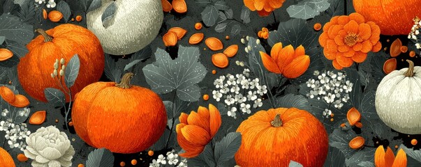 Seamless pattern of orange pumpkins, flowers, and leaves on a dark background