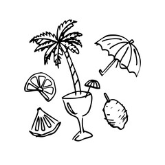 Doodle set of tropical drink element and palm tree sketch