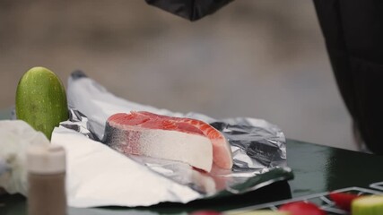 Seasoning Fresh Salmon Fillet for Outdoor Cooking on Foil