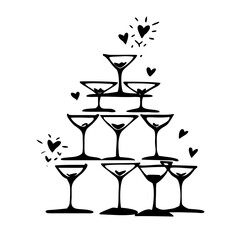 Black and white drawing of champagne tower with heart