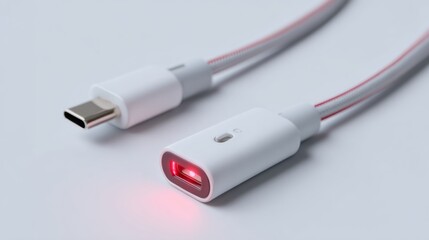 Close-up of a stylish USB-C charging cable with a glowing red indicator light, set against a minimalist background.