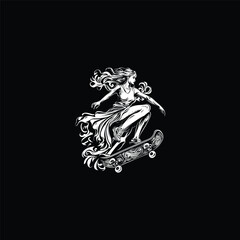 Fototapeta premium Unique vintage engraving style illustration of a graceful woman with flowing hair and dress riding or jumping on an ornate, stylized skateboard
