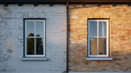 Fototapeta premium Two contrasting windows on adjacent brick walls, showcasing different textures and colors in a harmonious blend.