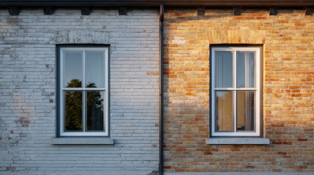 Two contrasting windows on adjacent brick walls, showcasing different textures and colors in a harmonious blend. - Powered by Adobe