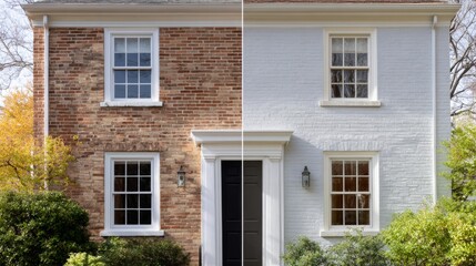 Obraz premium A charming house showcasing a striking contrast between rustic brick and fresh white paint, surrounded by lush greenery.