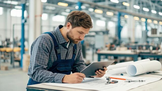 Male engineer workwear using tablet workshop table with blueprints and tools reviewing technical blueprints and concentrating design and planning