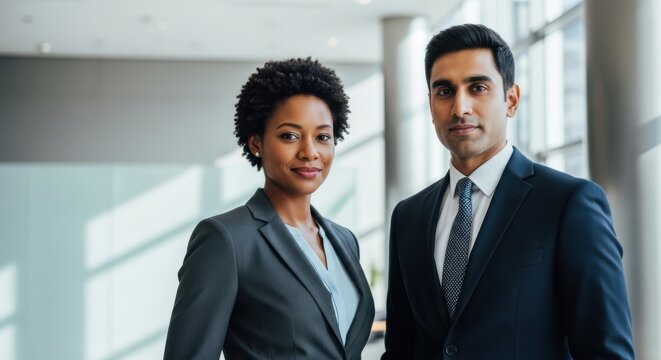 Diverse Businessman and Businesswoman Standing Together in a Modern Office, Exuding Professionalism and Business Acumen