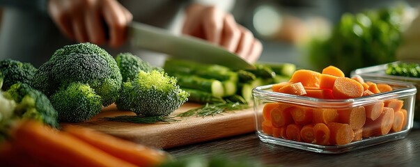 Person preparing fresh vegetables on a kitchen counter for a healthy meal