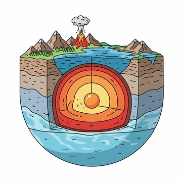 Cross Section of Earth's Layers, Volcano Eruption, Mountains, Lake, and Ocean