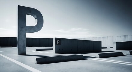 Minimalist Parking Area With Large Concrete Sign Structure Under Clear Sky