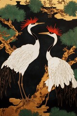 Naklejka premium Two red-crowned cranes on a pine tree. Decorative oriental illustration with gold accents on a black background.