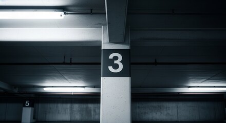 Minimalist Photograph Of A Parking Structure Interior Showing Number Three On Pillar