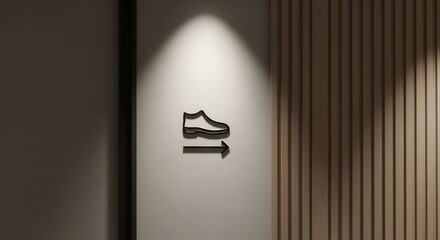 Minimalist Shoe Sign Directing To The Right With Modern Lighting and Wooden Accents