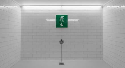 Minimalist Shower Space With Green Safety Sign and White Tile Walls