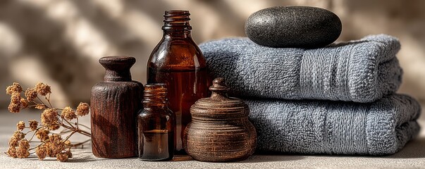 Serene spa setting with towels, essential oils, and relaxation elements