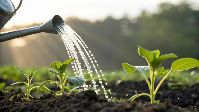 Seedling watering with metal can in garden sunlight young plant nurturing soil, morning light droplets creating hopeful fresh growth