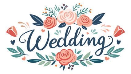 Fototapeta premium Wedding is the word on the image. A flowery design with pink and blue flowers