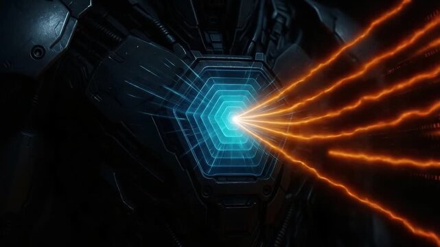 Futuristic technology glowing blue hexagon interface emitting orange energy beams with advanced digital sci fi mechanical background showcasing innovative futuristic technology interface and concept
