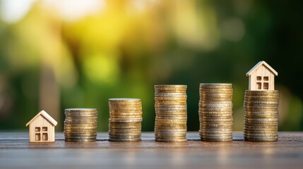 Growth of Real Estate Investment Depicted Through Stacked Coins and Model Houses Representing Financial Progress and Wealth Accumulation Strategy