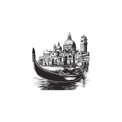 Classic vintage engraving style illustration of a Venetian gondola on the water with city architecture in the background