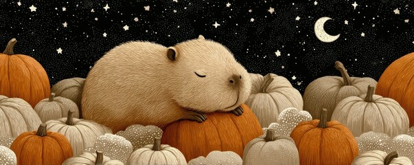 Cute capybara sleeping peacefully on pumpkins under a starry night sky