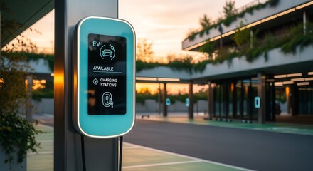 Modern Electric Vehicle Charging Station With Availability Display At Sunset Hour