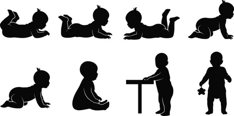 Baby development stages silhouette, crawling to walking, infant motor skills, toddler growth milestones, early childhood movement, flat vector illustration