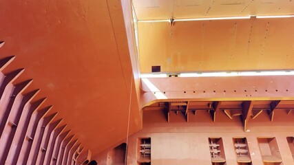 Clean Cargo Hold Interior of Cargo Ship with Frames and Ballast Tank Hoppers Ready for Loading. Maritime logistics and industrial ship operations. opening. covers 8