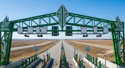 Modern Elevated Toll Booth Structure Over Highway and Clear Sky Background