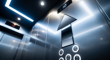 Modern Elevator Interior with Polished Metal and Illuminated Control Panel Upward Movement