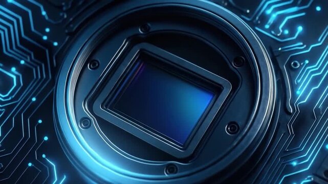 Camera sensor close up with blue circuit board background featuring glowing lines, electronic components, and modern digital device technology showcasing detailed electronic sensor circuit