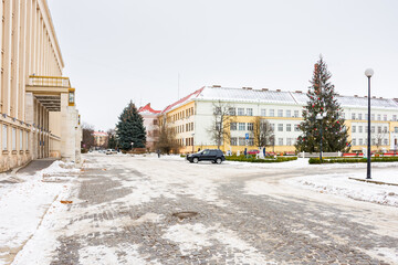 uzhhorod, ukraine - 09 jan, 2017: christmas tree on the narodna square. white season. regional...