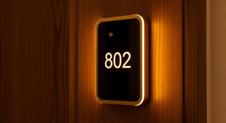 Modern Hotel Room Door Number Sign Illuminated With Luxurious Golden Light
