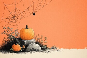 Pumpkins and spider web on vibrant orange background evoking autumn and Halloween themes