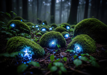 Enchanted forest with luminous blue light emanating from mossy stones.