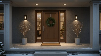 Modern dark front door with minimalist Christmas decor.